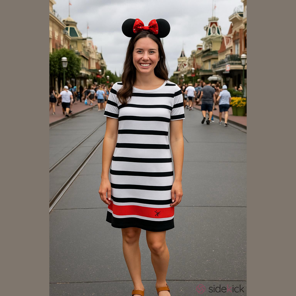 Disney Parks Minnie Mouse Embroidered Black White Striped Midi Dress Size XS NWT